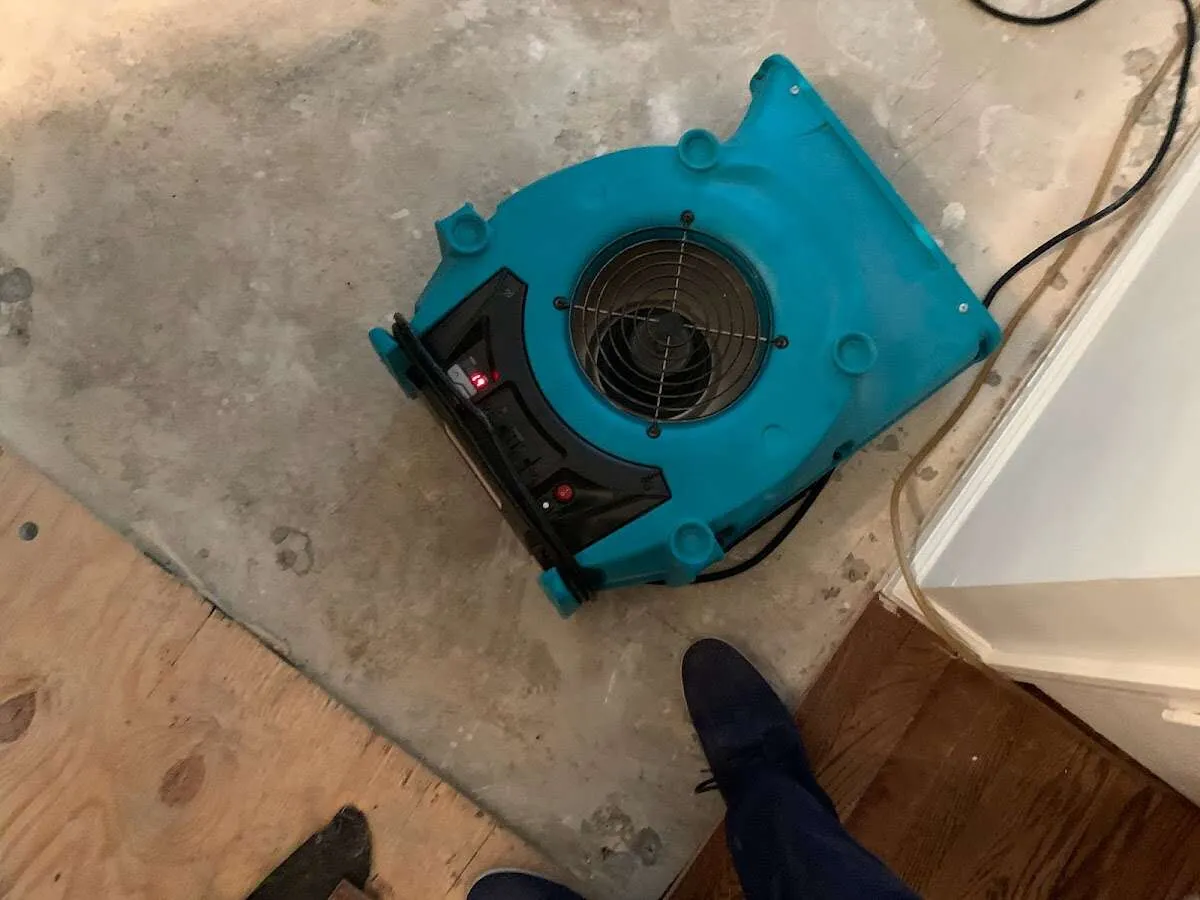 Air mover drying subfloor during Commercial Water Damage Restoration in Alexander City